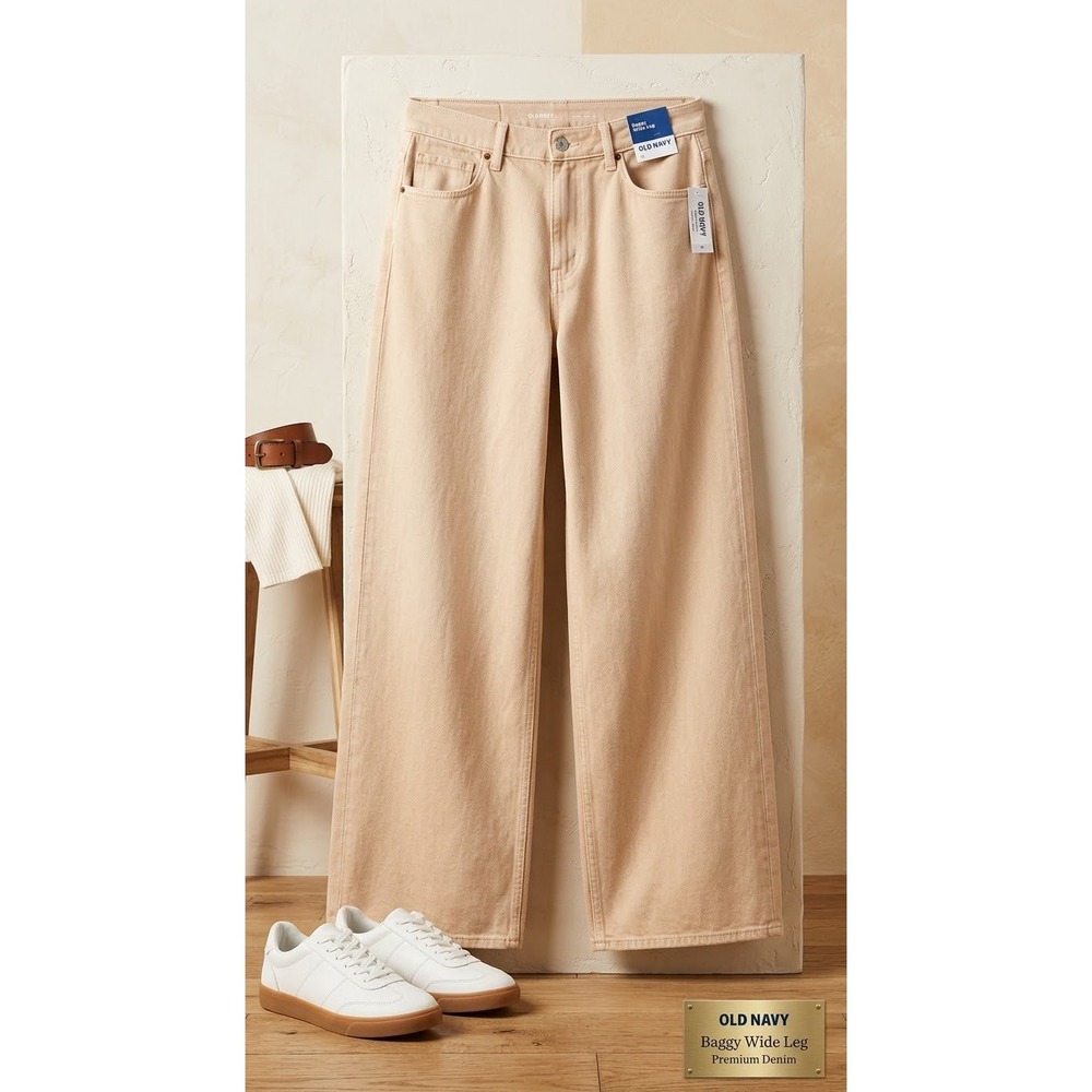 Old Navy Baggy Wide Leg Premium Denim Jeans Peach Beige Mid-Rise 12 813723-00-1